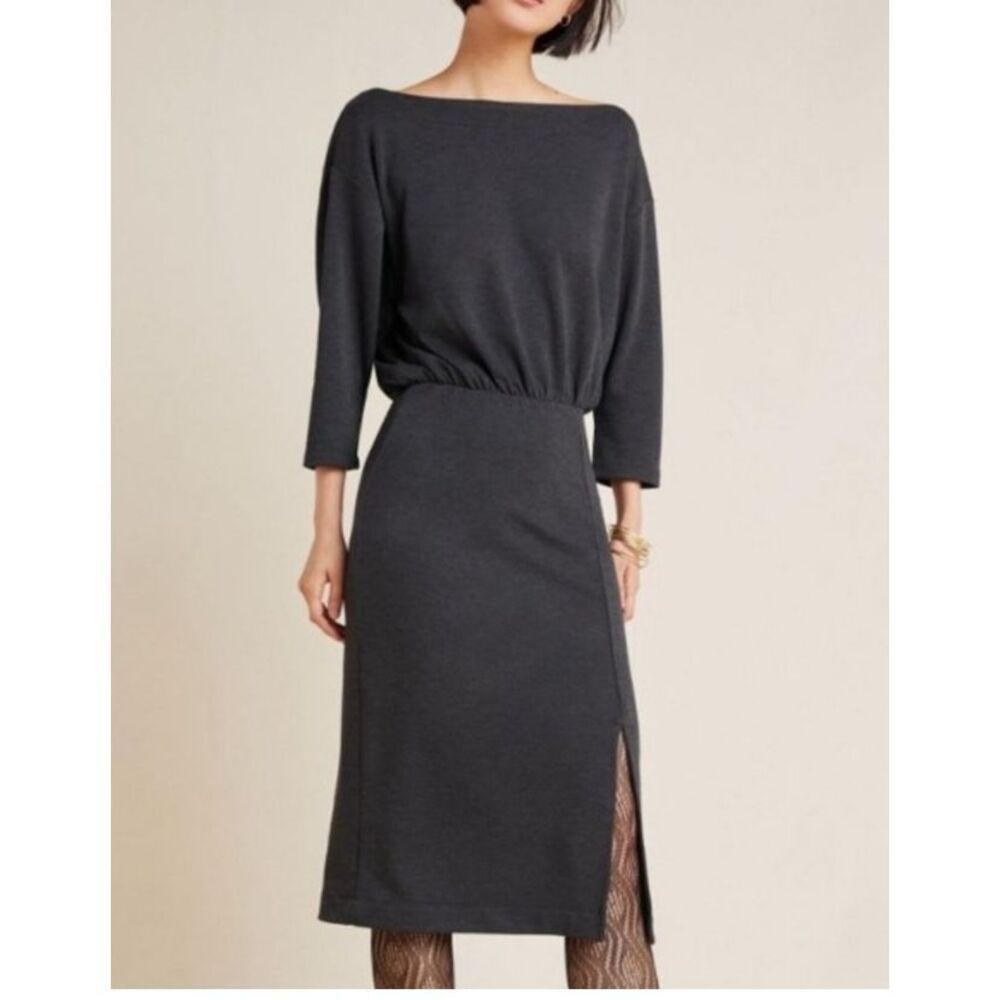 Medium, Anthropologie gray boat neck midi dress with front slit.